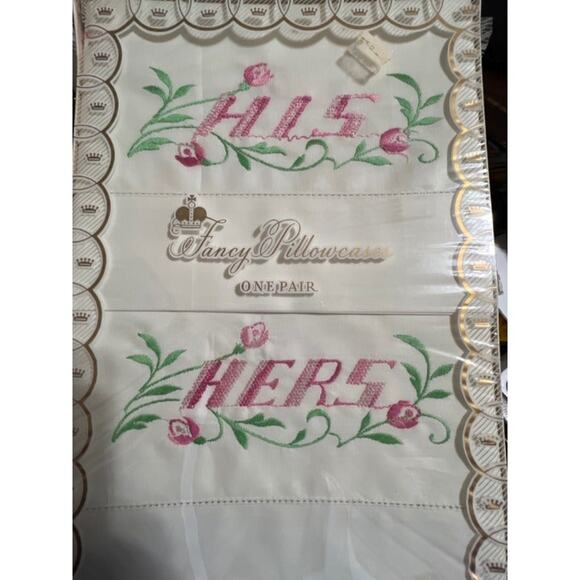 Vintage Deadstock Embroidered HIS and HERS Fancy Pillowcases - Picture 2 of 2